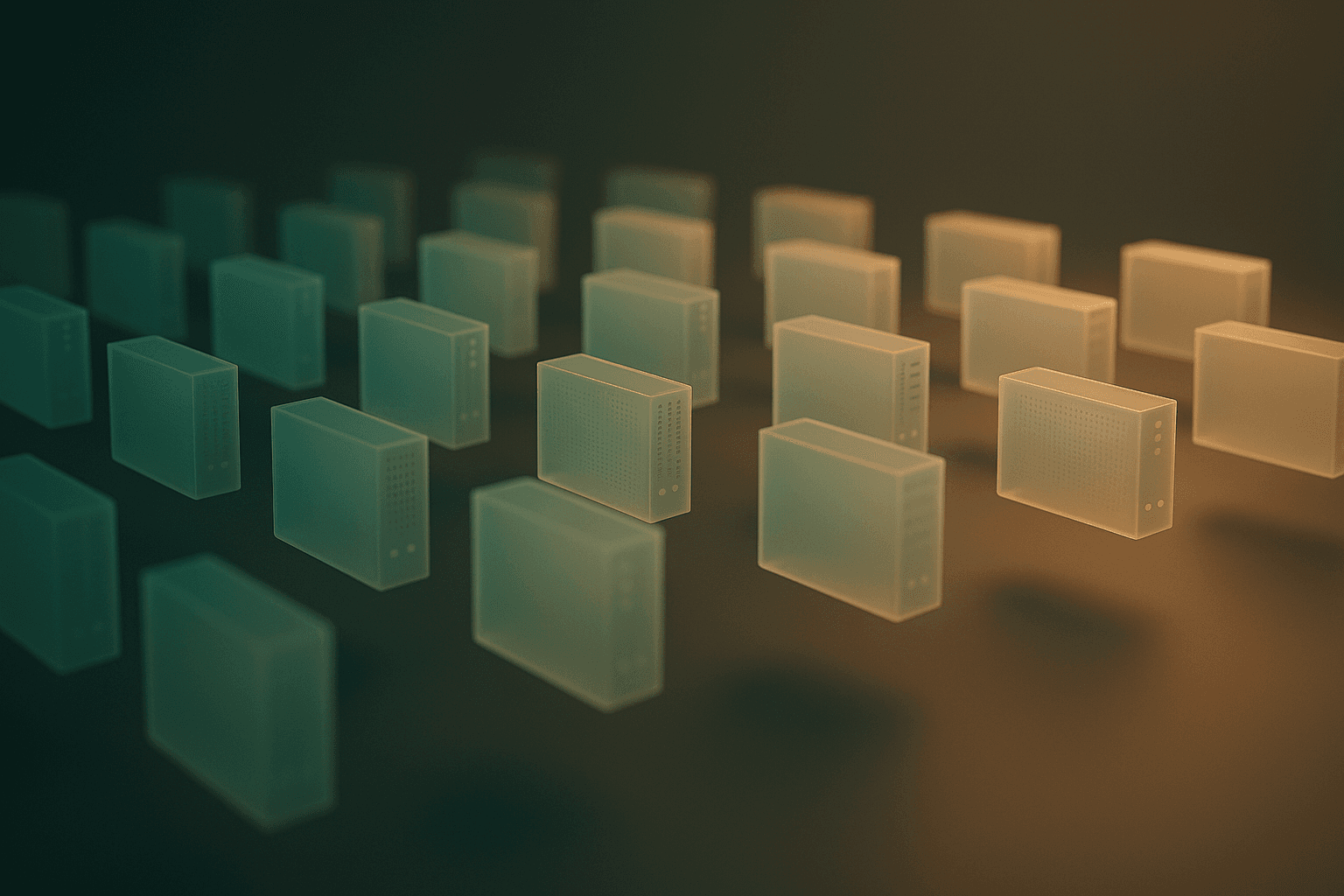 An orderly formation of virtual machines migrating from VMware to Proxmox, cool blades warming as they land